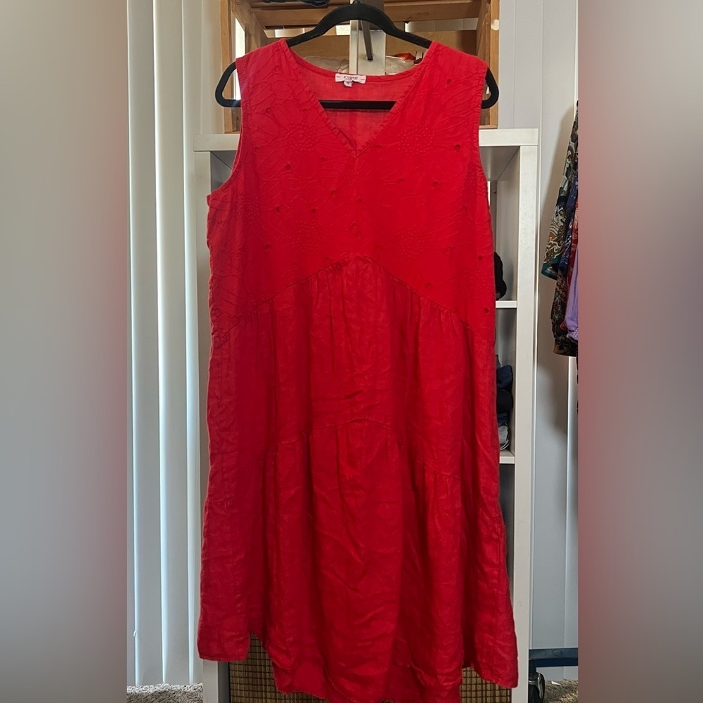 Rosemarine/red Linen embroidered women dress  regular fit / Size XL